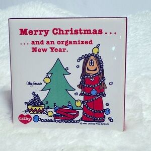 Vintage 1983 Cathy Trivet Tile on Metal Stand Christmas Holiday Decor Coaster
